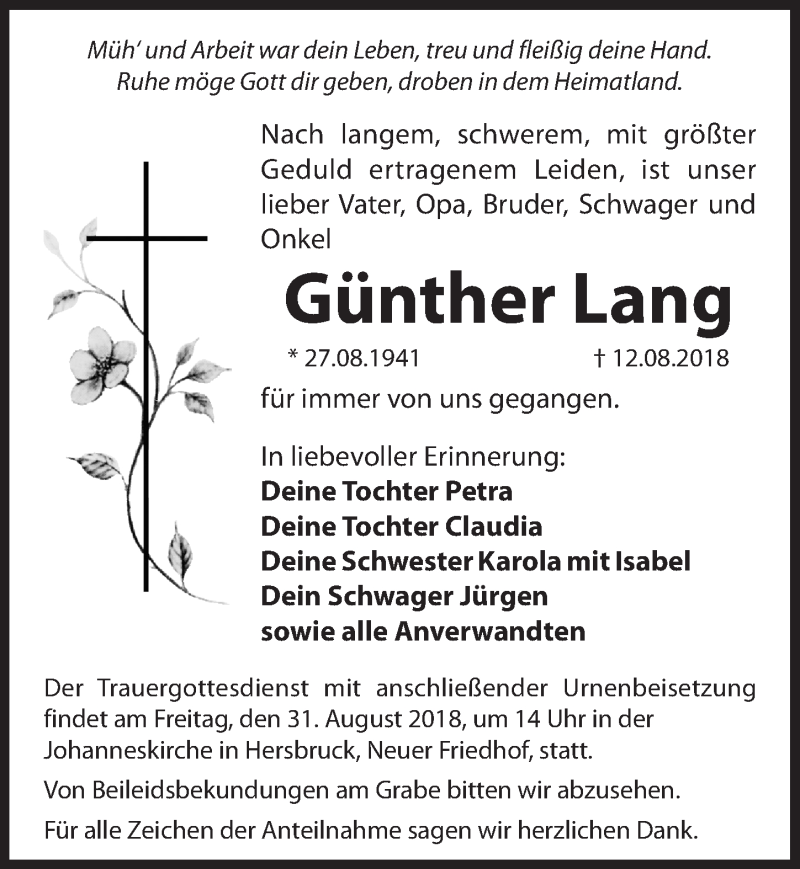  Traueranzeige für Günther Lang vom 29.08.2018 aus Hersbrucker Zeitung