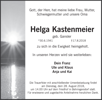 Traueranzeige von Helga Kastenmeier von Pegnitz-Zeitung