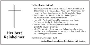 Traueranzeige von Heribert Reinheimer von Pegnitz-Zeitung
