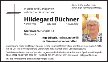 Traueranzeige von Hildegard Büchner von Hersbrucker Zeitung