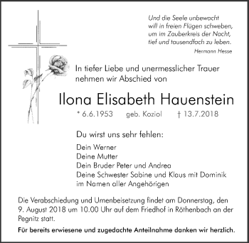 Traueranzeige von Ilona Elisabeth Hauenstein von Pegnitz-Zeitung