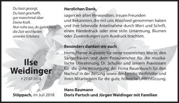 Traueranzeige von Ilse Weidinger von Hersbrucker Zeitung