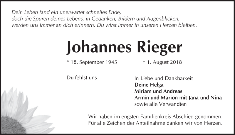  Traueranzeige für Johannes Rieger vom 11.08.2018 aus Pegnitz-Zeitung