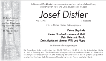 Traueranzeige von Josef Distler von Pegnitz-Zeitung