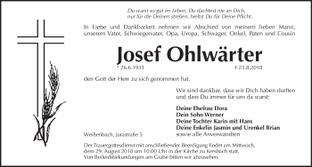 Traueranzeige von Josef Ohlwärter von Pegnitz-Zeitung