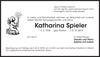 Traueranzeige von Katharina Spieler von Der Bote