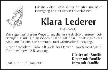 Traueranzeige von Klara Lederer von Pegnitz-Zeitung
