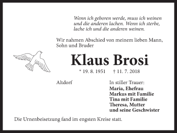 Traueranzeige von Klaus Brosi von Der Bote