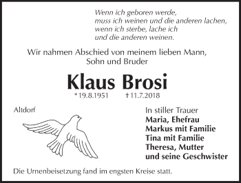Traueranzeige von Klaus Brosi von Pegnitz-Zeitung