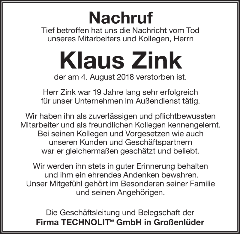  Traueranzeige für Klaus Zink vom 11.08.2018 aus Pegnitz-Zeitung
