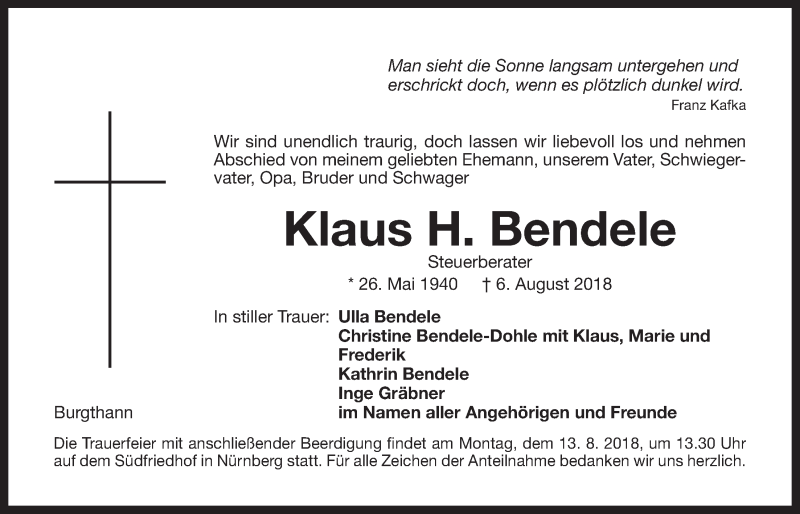  Traueranzeige für Klaus H. Bendele vom 11.08.2018 aus Der Bote