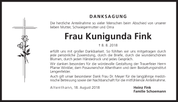 Traueranzeige von Kunigunda Fink von Der Bote