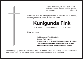 Traueranzeige von Kunigunda Fink von Der Bote
