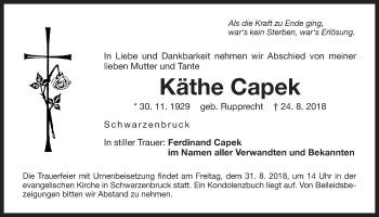 Traueranzeige von Käthe Capek von Der Bote
