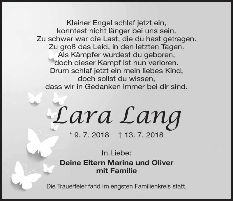  Traueranzeige für Lara Lang vom 07.08.2018 aus Der Bote
