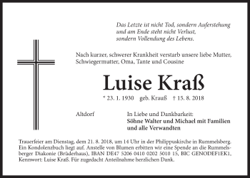 Traueranzeige von Luise Kraß von Der Bote