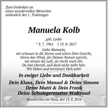 Traueranzeige von Manuela Kolb von Pegnitz-Zeitung