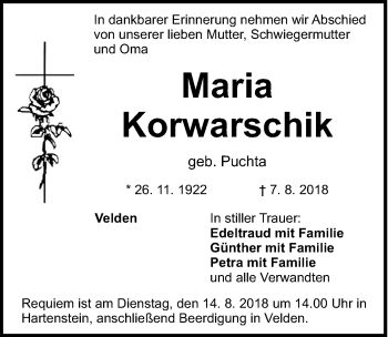 Traueranzeige von Maria Korwarschik von Hersbrucker Zeitung