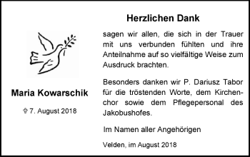 Traueranzeige von Maria Kowarschik von Hersbrucker Zeitung