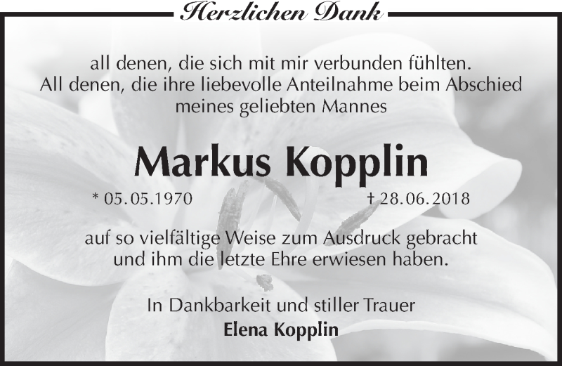  Traueranzeige für Markus Kopplin vom 11.08.2018 aus Pegnitz-Zeitung