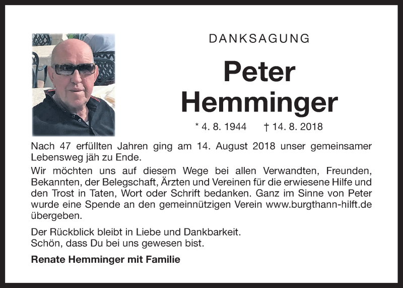  Traueranzeige für Peter Hemminger vom 25.08.2018 aus Der Bote