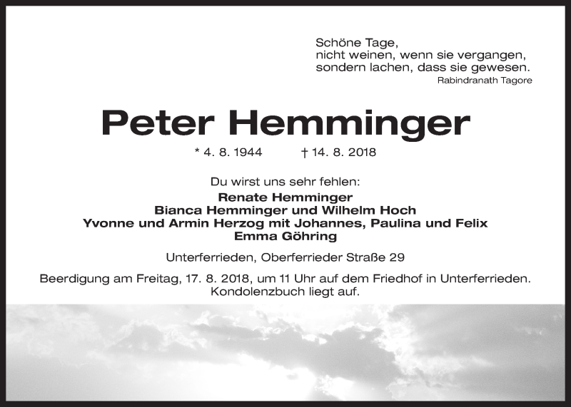  Traueranzeige für Peter Hemminger vom 16.08.2018 aus Der Bote