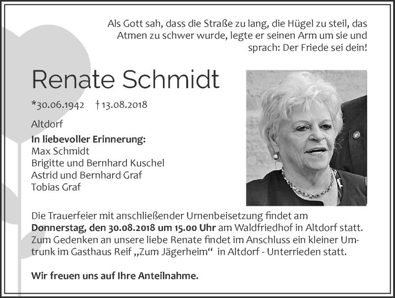  Traueranzeige für Renate Schmidt vom 27.08.2018 aus Der Bote