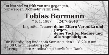 Traueranzeige von Tobias Bormann von Pegnitz-Zeitung