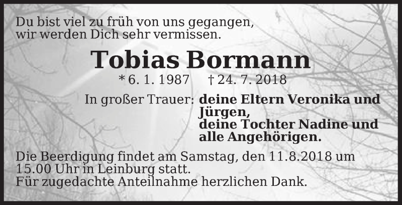  Traueranzeige für Tobias Bormann vom 01.08.2018 aus Pegnitz-Zeitung