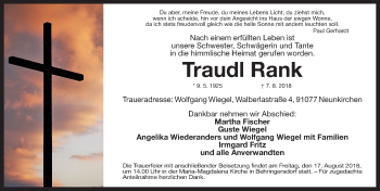 Traueranzeige von Traudl Rank von Pegnitz-Zeitung