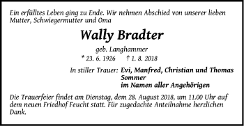 Traueranzeige von Wally Bradter von Der Bote