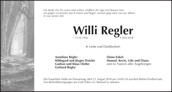 Traueranzeige von Willi Regler von Pegnitz-Zeitung