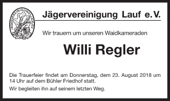 Traueranzeige von Willi Regler von Pegnitz-Zeitung