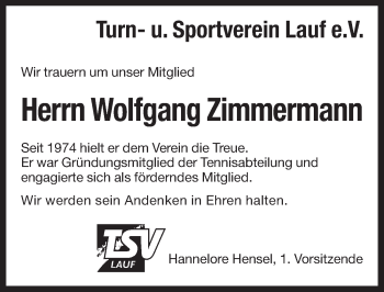 Traueranzeige von Wolfgang Zimmermann von Pegnitz-Zeitung