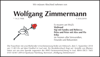 Traueranzeige von Wolfgang Zimmermann von Pegnitz-Zeitung