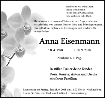 Traueranzeige von Anna Eisenmann von Hersbrucker Zeitung