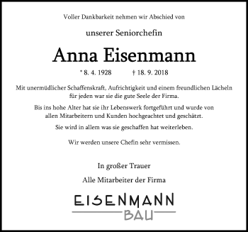 Traueranzeige von Anna Eisenmann von Hersbrucker Zeitung