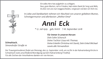 Traueranzeige von Anni Eck von Pegnitz-Zeitung