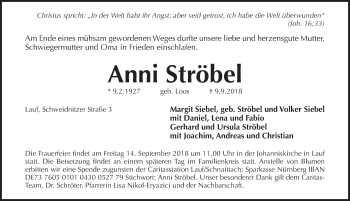 Traueranzeige von Anni Ströbel von Pegnitz-Zeitung