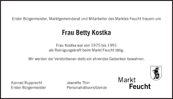Traueranzeige von Betty Kostka von Der Bote