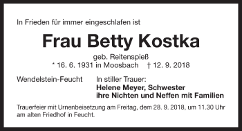 Traueranzeige von Betty Kostka von Der Bote