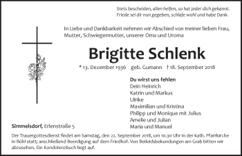 Traueranzeige von Brigitte Schlenk von Pegnitz-Zeitung