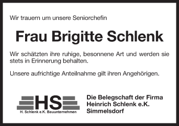 Traueranzeige von Brigitte Schlenk von Pegnitz-Zeitung