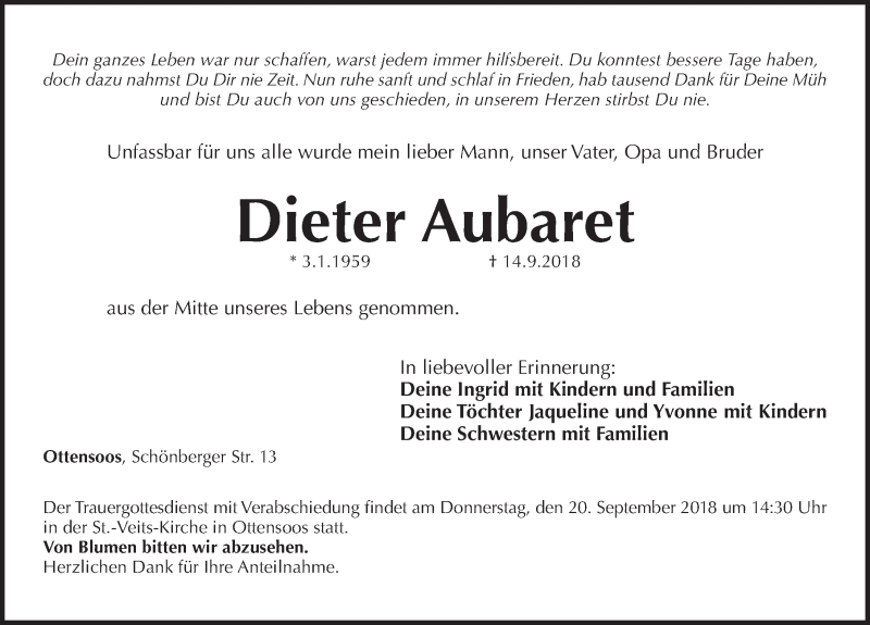  Traueranzeige für Dieter Aubaret vom 18.09.2018 aus Pegnitz-Zeitung