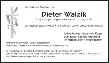 Traueranzeige von Dieter Walzik von Hersbrucker Zeitung
