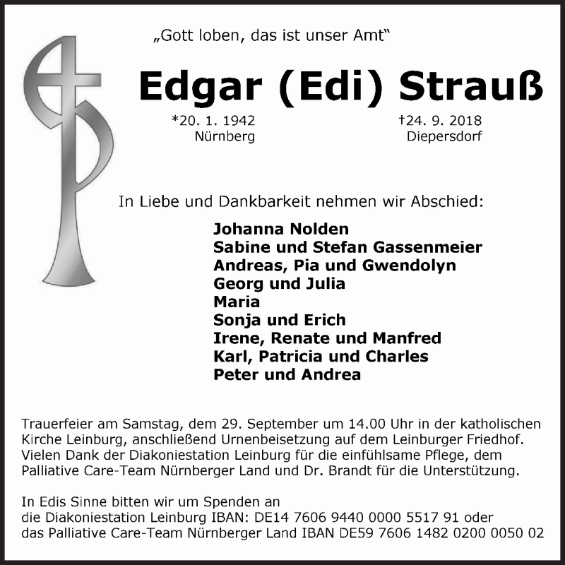  Traueranzeige für Edgar Strauß vom 27.09.2018 aus Pegnitz-Zeitung