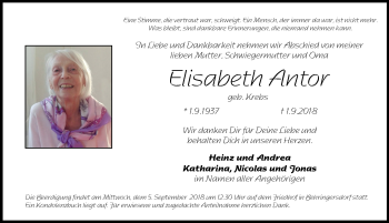 Traueranzeige von Elisabeth Antor von Pegnitz-Zeitung