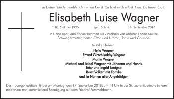 Traueranzeige von Elisabeth Luise Wagner von Hersbrucker Zeitung
