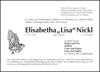 Traueranzeige von Elisabetha Nickl von Pegnitz-Zeitung