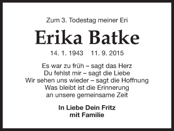 Traueranzeige von Erika Batke von Der Bote